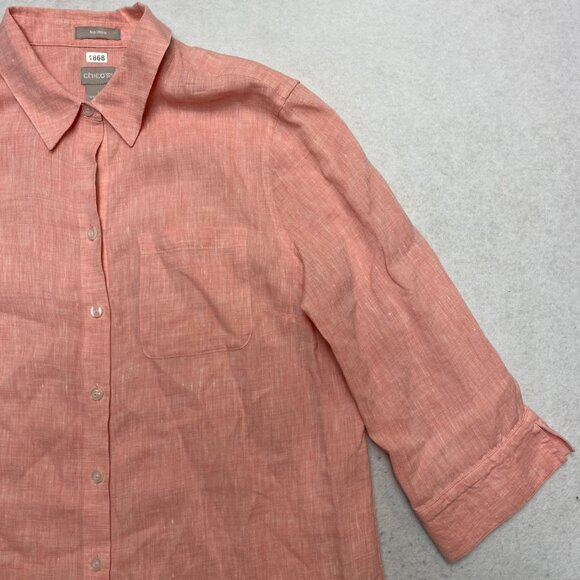 Chicos No Iron Tunic Shirt Women's 1 Salmon 3/4 Sleeve 100% Linen Blouse Dress - Picture 3 of 10